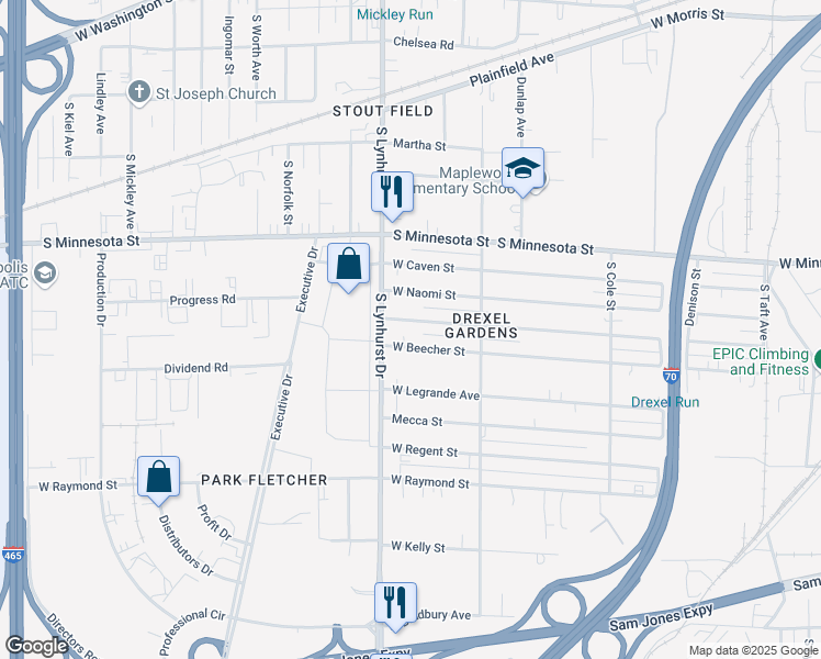 map of restaurants, bars, coffee shops, grocery stores, and more near 5215 West Naomi Street in Indianapolis