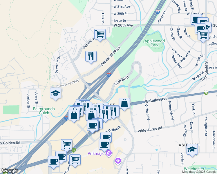 map of restaurants, bars, coffee shops, grocery stores, and more near 1687 Cole Boulevard in Lakewood