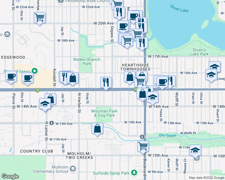 map of restaurants, bars, coffee shops, grocery stores, and more near W Colfax Ave & Depew St in Lakewood