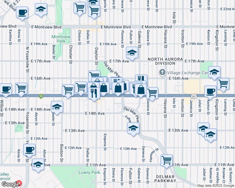 map of restaurants, bars, coffee shops, grocery stores, and more near 9945 East Colfax Avenue in Aurora