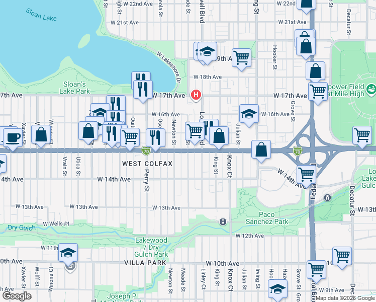 map of restaurants, bars, coffee shops, grocery stores, and more near W Colfax Ave & Meade St in Denver