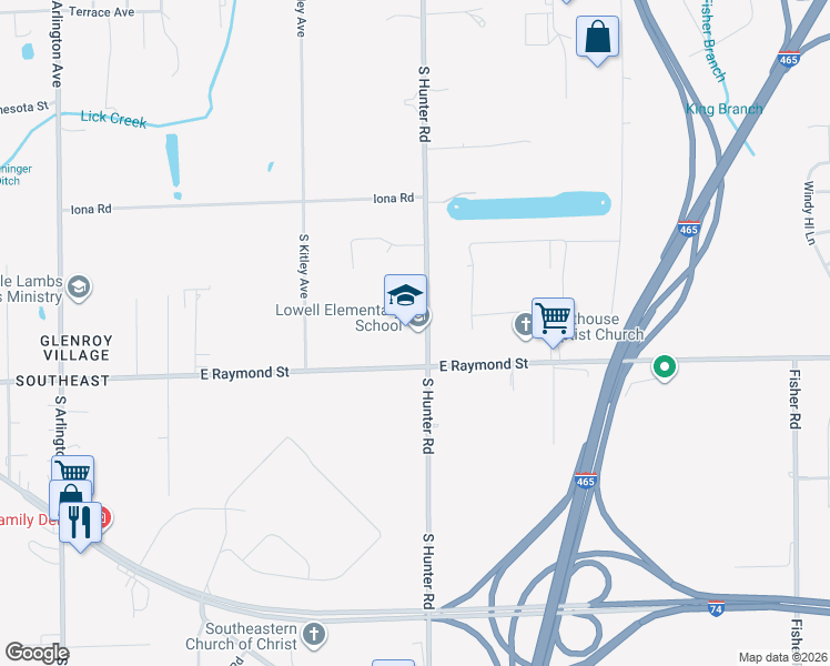 map of restaurants, bars, coffee shops, grocery stores, and more near 2150 South Hunter Road in Indianapolis
