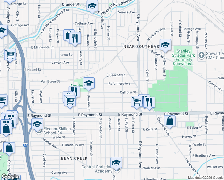 map of restaurants, bars, coffee shops, grocery stores, and more near 2014 Reformers Avenue in Indianapolis