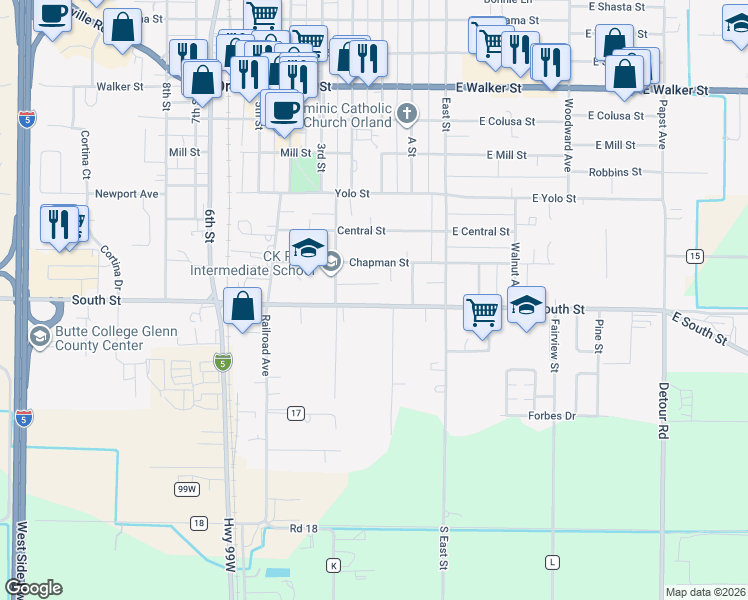 map of restaurants, bars, coffee shops, grocery stores, and more near 104 South Street in Orland