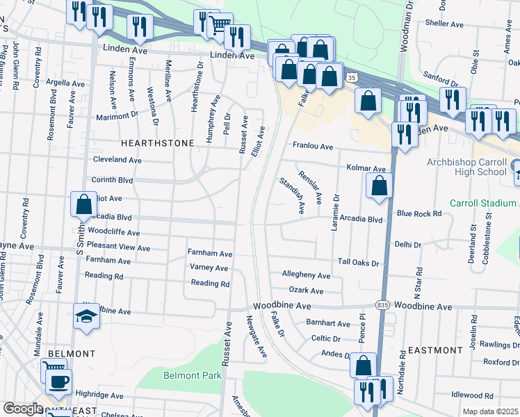 map of restaurants, bars, coffee shops, grocery stores, and more near 1373 Falke Drive in Dayton