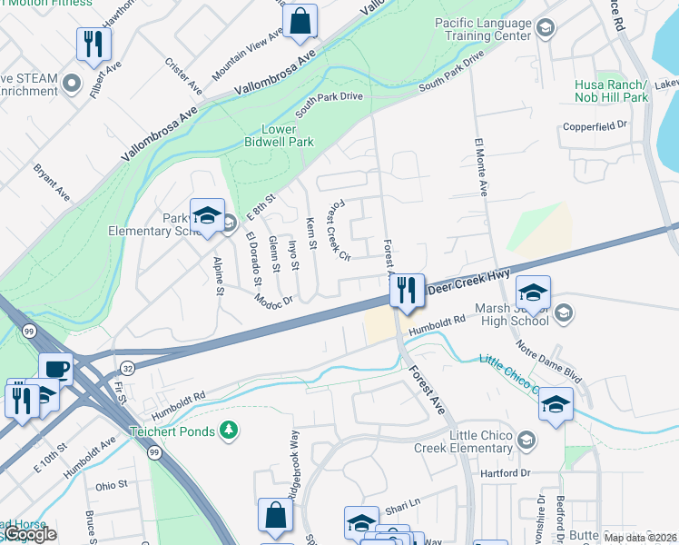 map of restaurants, bars, coffee shops, grocery stores, and more near 1 Mindy Court in Chico