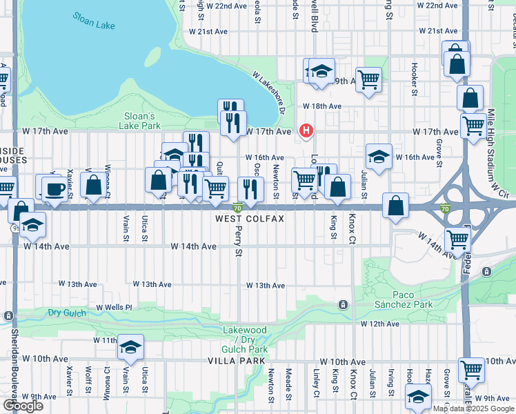 map of restaurants, bars, coffee shops, grocery stores, and more near 3890 West Colfax Avenue in Denver