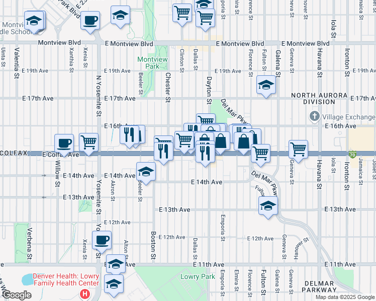 map of restaurants, bars, coffee shops, grocery stores, and more near 1545 Dallas Street in Aurora
