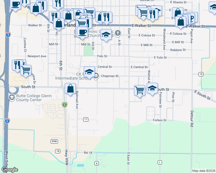 map of restaurants, bars, coffee shops, grocery stores, and more near 104 South Street in Orland