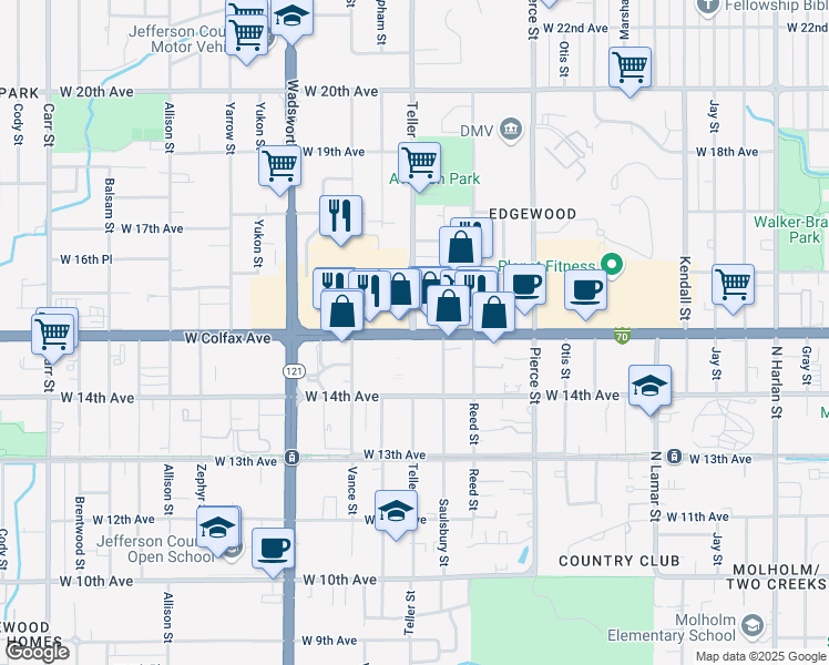 map of restaurants, bars, coffee shops, grocery stores, and more near W Colfax Ave & Teller St in Lakewood