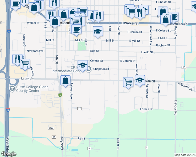 map of restaurants, bars, coffee shops, grocery stores, and more near 112 South Street in Orland