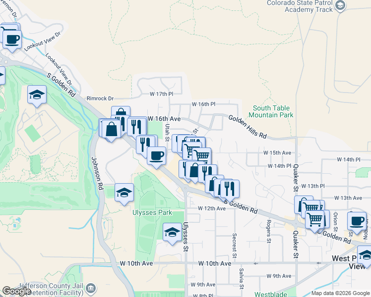 map of restaurants, bars, coffee shops, grocery stores, and more near 1427 Ulysses Street in Golden