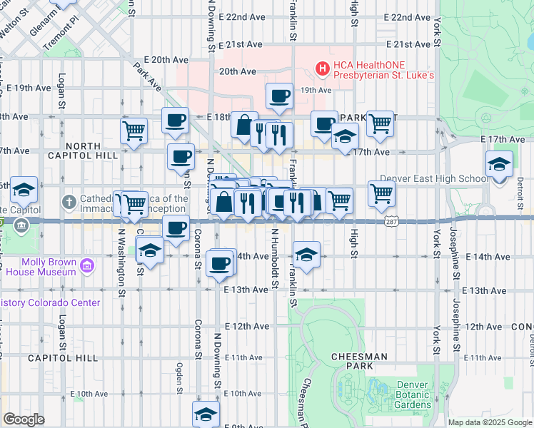 map of restaurants, bars, coffee shops, grocery stores, and more near 1510 Humboldt Street in Denver