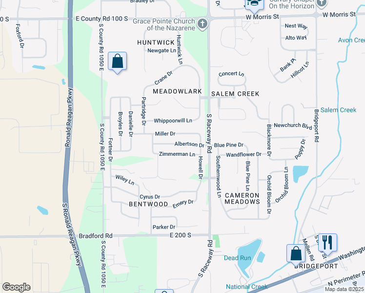 map of restaurants, bars, coffee shops, grocery stores, and more near 10875 Albertson Drive in Indianapolis