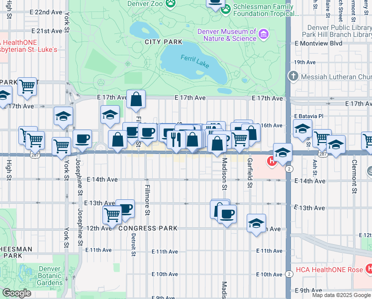 map of restaurants, bars, coffee shops, grocery stores, and more near 1541 Adams Street in Denver