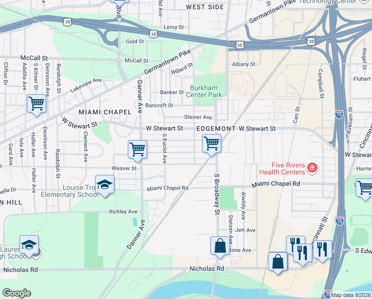 map of restaurants, bars, coffee shops, grocery stores, and more near 1347 Hochwalt Avenue in Dayton