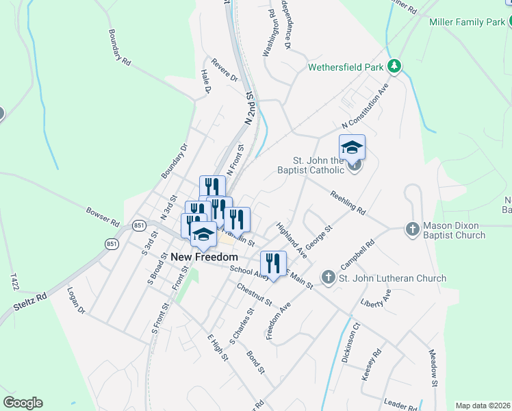 map of restaurants, bars, coffee shops, grocery stores, and more near 178 Springwood Drive in New Freedom