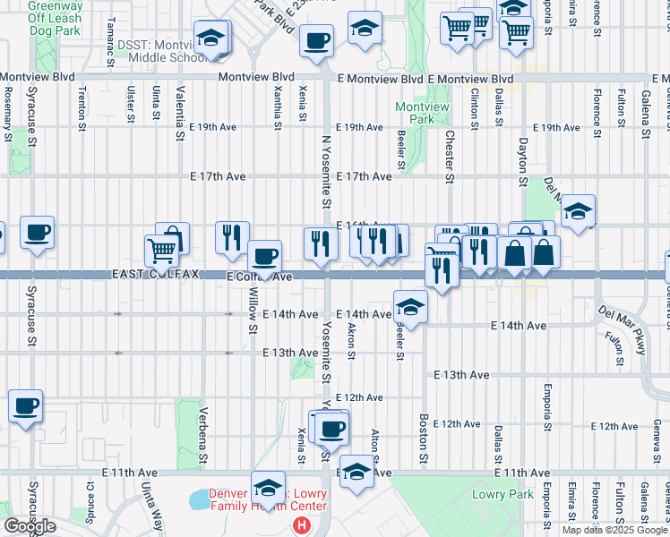 map of restaurants, bars, coffee shops, grocery stores, and more near 1546 Yosemite Street in Denver