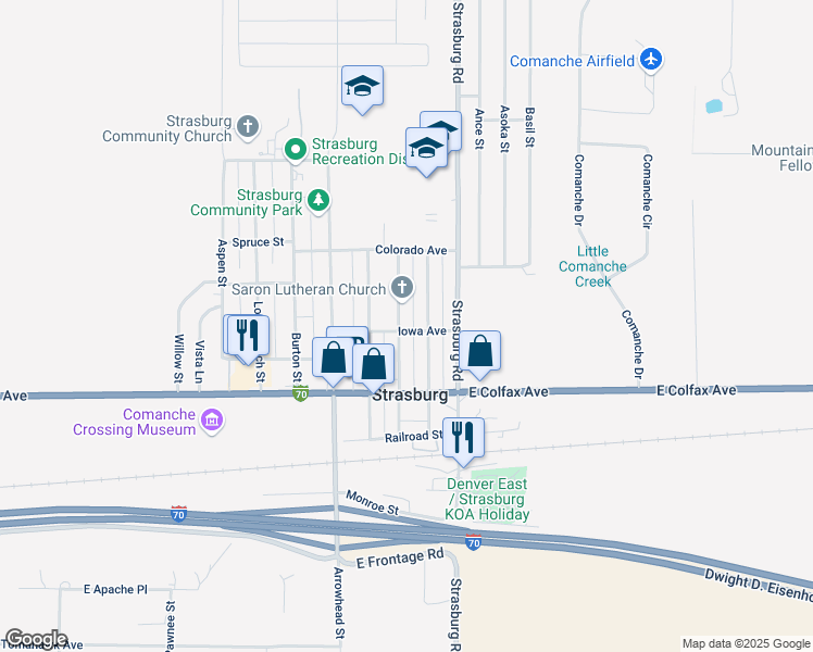 map of restaurants, bars, coffee shops, grocery stores, and more near in Strasburg