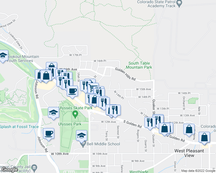 map of restaurants, bars, coffee shops, grocery stores, and more near 1519 Secrest Court in Golden