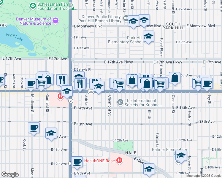 map of restaurants, bars, coffee shops, grocery stores, and more near 1521 Clermont Street in Denver