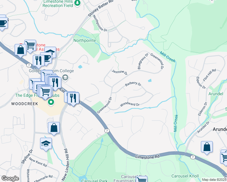 map of restaurants, bars, coffee shops, grocery stores, and more near 242 Barberry Drive in Wilmington