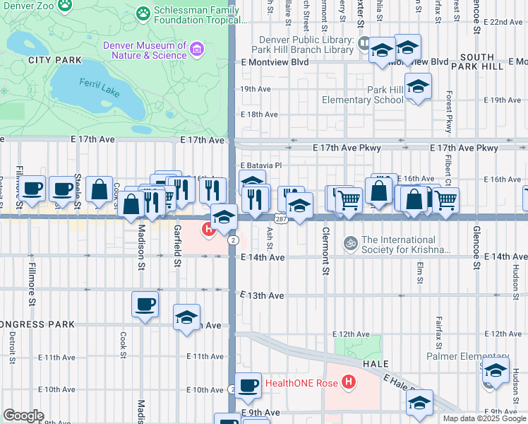 map of restaurants, bars, coffee shops, grocery stores, and more near 1540 Albion Street in Denver