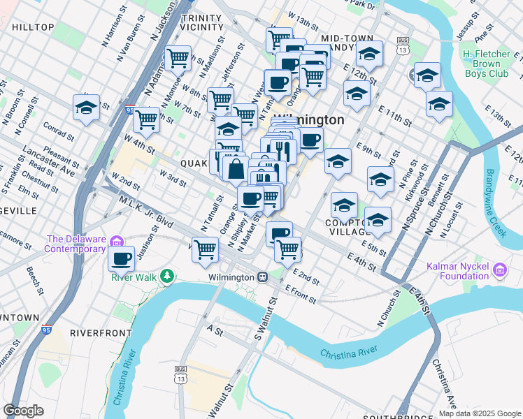 map of restaurants, bars, coffee shops, grocery stores, and more near 385 North Market Street in Wilmington