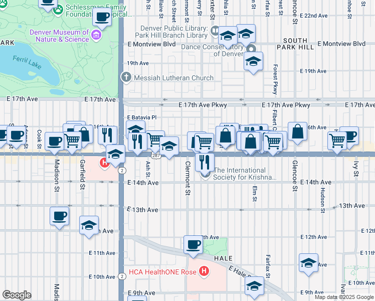 map of restaurants, bars, coffee shops, grocery stores, and more near 1521 Clermont Street in Denver