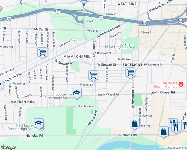 map of restaurants, bars, coffee shops, grocery stores, and more near 1553 Hochwalt Avenue in Dayton