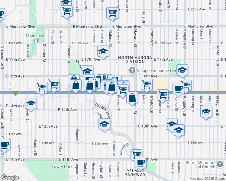 map of restaurants, bars, coffee shops, grocery stores, and more near 1532 Galena Street in Aurora