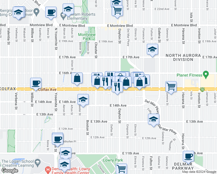map of restaurants, bars, coffee shops, grocery stores, and more near 1545 Dallas Street in Aurora