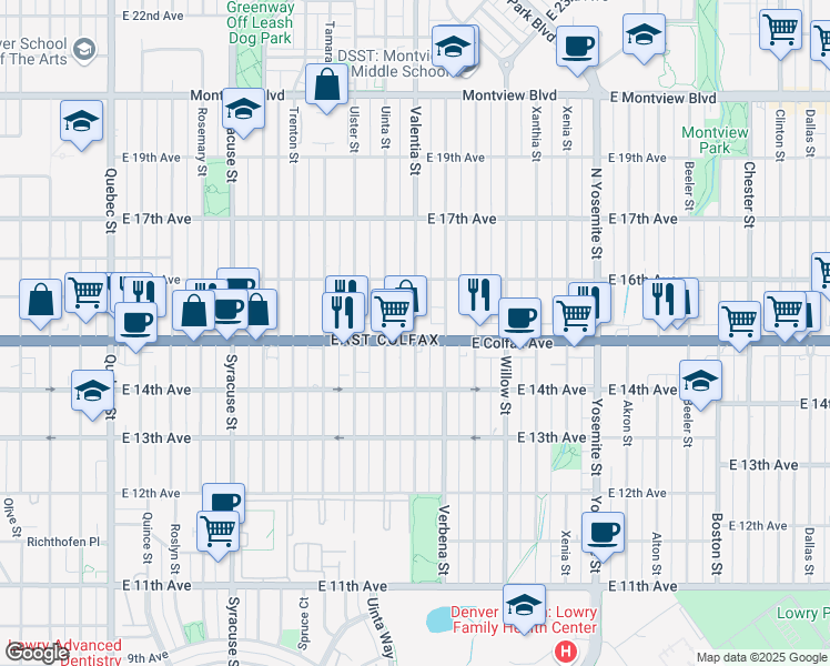map of restaurants, bars, coffee shops, grocery stores, and more near 1525 Valentia Street in Denver