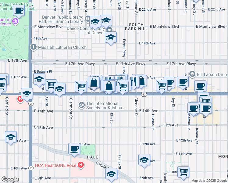 map of restaurants, bars, coffee shops, grocery stores, and more near 1544 Elm Street in Denver