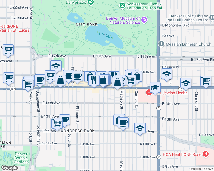 map of restaurants, bars, coffee shops, grocery stores, and more near 1541 Adams Street in Denver