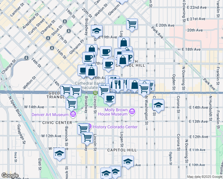 map of restaurants, bars, coffee shops, grocery stores, and more near 1540 Grant Street in Denver