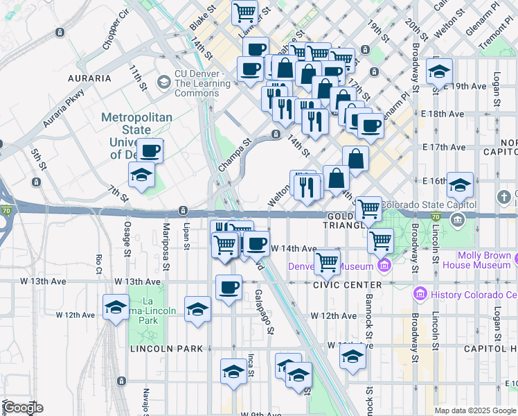 map of restaurants, bars, coffee shops, grocery stores, and more near in Denver