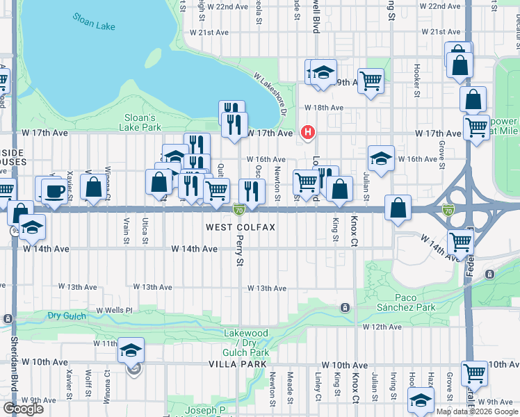 map of restaurants, bars, coffee shops, grocery stores, and more near 1527 Newton Street in Denver