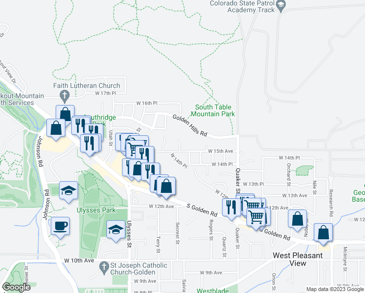 map of restaurants, bars, coffee shops, grocery stores, and more near 1540 Salvia Court in Golden