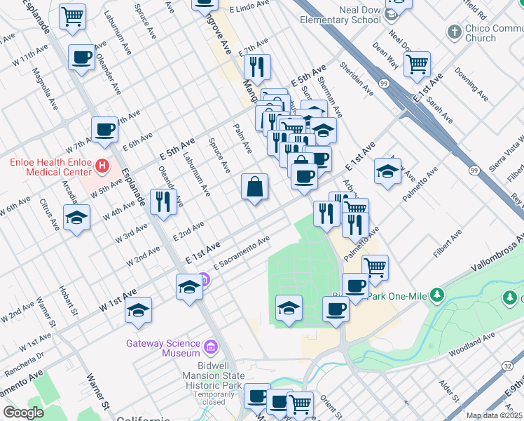 map of restaurants, bars, coffee shops, grocery stores, and more near 483 East 2nd Avenue in Chico