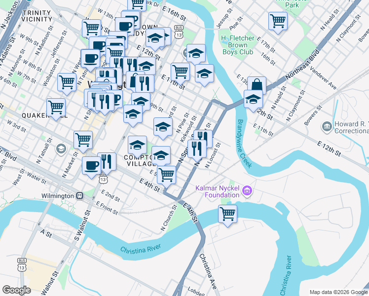 map of restaurants, bars, coffee shops, grocery stores, and more near 829 North Spruce Street in Wilmington