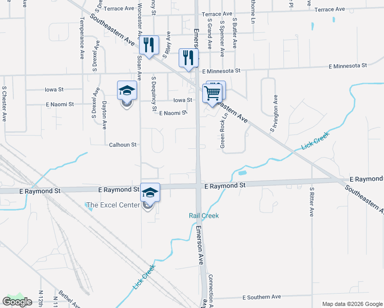 map of restaurants, bars, coffee shops, grocery stores, and more near 2088 South Emerson Avenue in Indianapolis