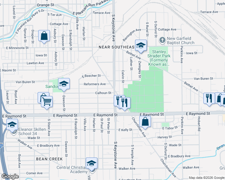 map of restaurants, bars, coffee shops, grocery stores, and more near 1911 South Keystone Avenue in Indianapolis
