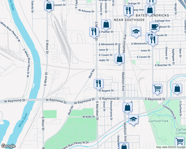 map of restaurants, bars, coffee shops, grocery stores, and more near 1934 Bluff Road in Indianapolis