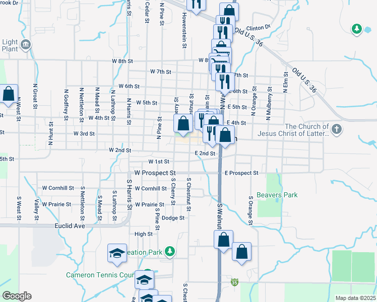 map of restaurants, bars, coffee shops, grocery stores, and more near 125 West 3rd Street in Cameron