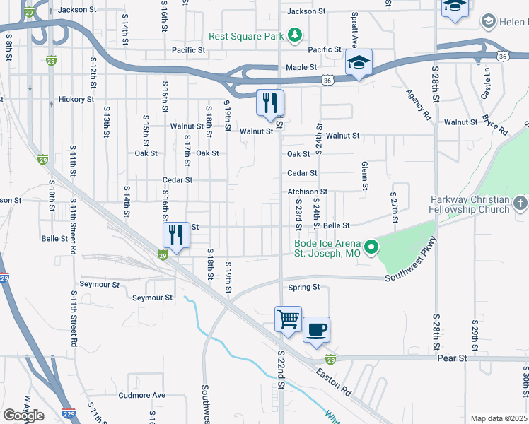 map of restaurants, bars, coffee shops, grocery stores, and more near 2634 South 22nd Street in Saint Joseph