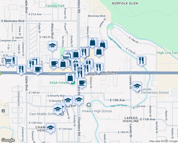 map of restaurants, bars, coffee shops, grocery stores, and more near 15355 East Colfax Avenue in Aurora