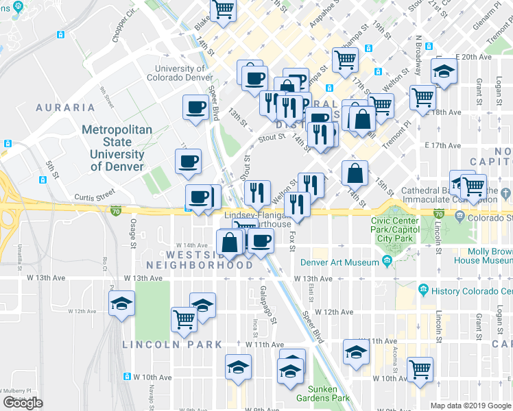 map of restaurants, bars, coffee shops, grocery stores, and more near 745 West Colfax Avenue in Denver