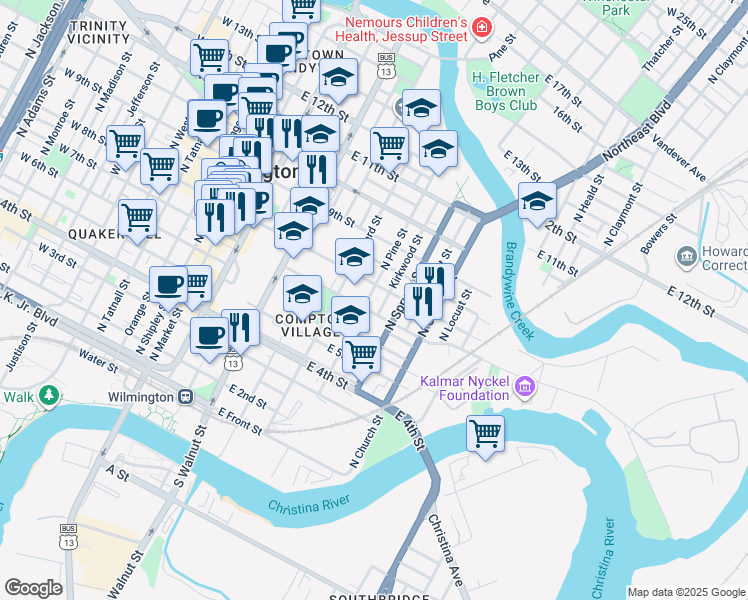 map of restaurants, bars, coffee shops, grocery stores, and more near 716 North Pine Street in Wilmington