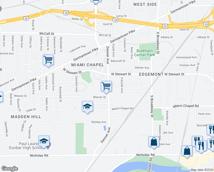 map of restaurants, bars, coffee shops, grocery stores, and more near 1123 Danner Avenue in Dayton